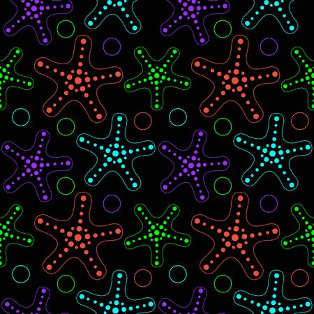Starfish on a black background - vector seamless marine pattern. Linear neon starfish of different colors - seamless pattern. Beach summer pattern with sea animals.のイラスト素材