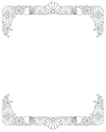 Marine vertical frame for coloring anti stress - vector linear picture with copy space. Vertical frame made of shells, starfish, pearls - a marine theme for a coloring book. Outline Hand drawing.のイラスト素材