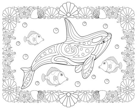 Inhabitants of the ocean - horizontal vector coloring antistress with a frame of shells and starfish. Killer whale and small fish for a coloring book. Horizontal page for coloring. Outlineのイラスト素材