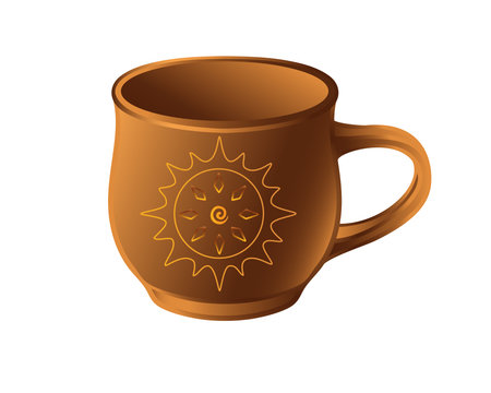 A cup is a pottery folk product. A small ceramic cup with a sun pattern - vector full color picture. Traditional eco-friendly earthenware - coffee cup.のイラスト素材
