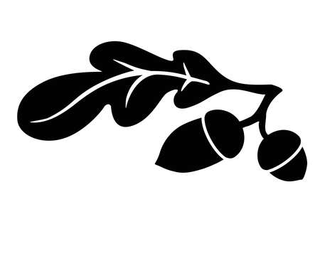 Acorns and oak leaf - black vector silhouette for pictogram or logo. Silhouette of an oak leaf and two acorns - sign or icon. Oak branchのイラスト素材