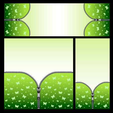 Summer - a set of vector templates for banners, gadgets wallpaper, leaflets - green backgrounds with butterflies, leaves and zipper. Copy space for your textのイラスト素材