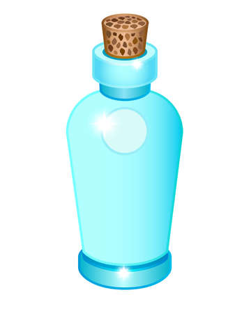 Blue glass bottle with natural cork - vector full color illustration. Vintage glass bottle. Closed empty small vial for potion or medicine.のイラスト素材