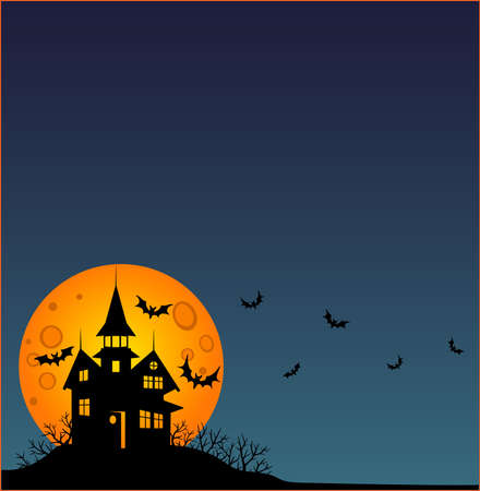 Halloween - square wallpaper - full color stock illustration. Baner, wallpaper or flyer with copy space, Scary mansion, full moon and bats. Halloween illustration with an abandoned creepy house.のイラスト素材
