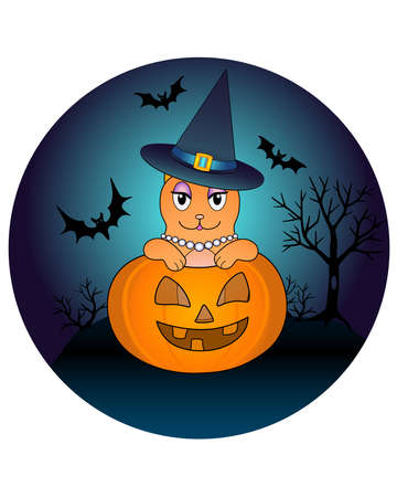 A cat in a witch costume celebrates Halloween - vector full color illustration. Round pattern with ginger cat, pumpkin and bats on Halloween night backgroundのイラスト素材