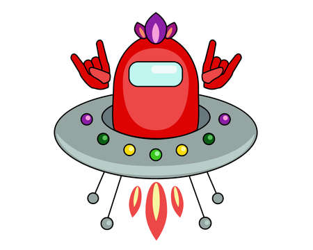Astronaut - punk in a flying saucer, fan art . A man or an alien in a red spacesuit flies on a UFO - vector full-color picture on the theme of space.のイラスト素材