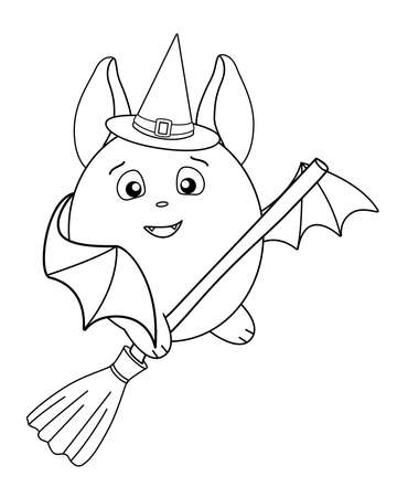 Cute fat bat in a magic hat flies on a broomstick - linear stock illustration for coloring. Bat, broom and witch hat - coloring book element.のイラスト素材