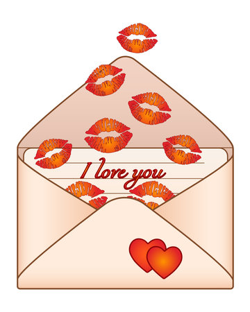 Letter with kisses - vintage envelope with love message and lip prints - vector full color picture for Valentine's Day. Kisses in an envelope - I love you.のイラスト素材