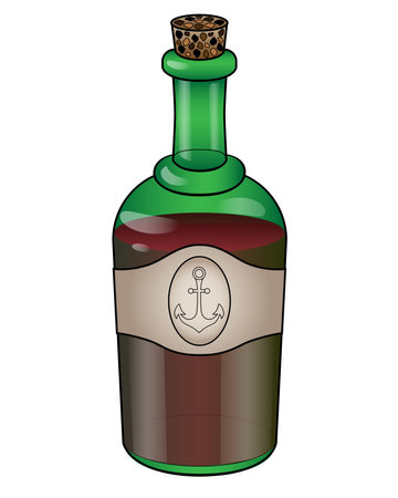 Vintage bottle with alcohol - vector full color illustration. Green glass bottle with rum or wine. Bottle with anchor on the label and natural cork. Closed.のイラスト素材