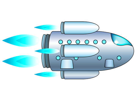 Starship in flight - vector full color illustration. The starship flies on all engines - a rocket for space exploration, tourism and cargo delivery. A ship for interplanetary travel.のイラスト素材