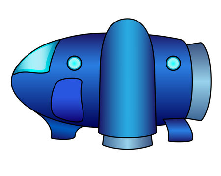 Small blue spaceship - vector full color children`s picture. The spaceship sits on the surface - a...