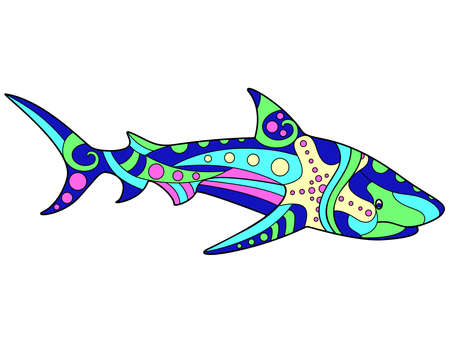 Shark - vector linear full color illustration. Ocean animal - multicolored white shark with patterns. Template for stained glass, batik or coloring. The seahorse is a vivid pictureのイラスト素材