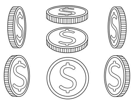Coins. A set of coins from different angles. Abstract or game money drawn from different sides - vector linear picture for coloring. Outline. Metallic money - set.のイラスト素材