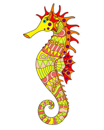 Seahorse - vector linear full color illustration - with sea animal living in the ocean. Template for stained glass, batik or coloring.のイラスト素材
