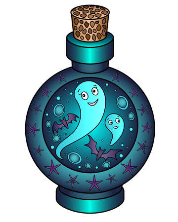 Ghosts locked in a bottle - vector full color Halloween illustration. A vial with a magic potion closed with a stopper. Ghosts and magic means - Halloween picture.のイラスト素材