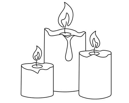 Romantic Candles. Three burning candles - vector linear picture for coloring book. Outline.のイラスト素材