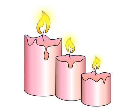 Candles. Three wax candles of different sizes are burning - vector full color illustration. Pink, romantic, bright candles. Fire, flame, paraffin.のイラスト素材