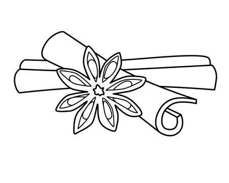 Star anise and Cinnamon sticks - spices vector linear illustration for coloring or logo. Outline. Spices - cinnamon and star anise - element for coloring book or sign.のイラスト素材