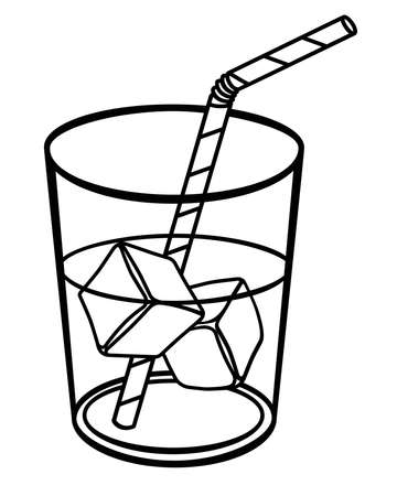 Glass with drink, ice and straw - vector linear illustration for coloring, logo or pictogram. Outline. Glass drink with iceのイラスト素材