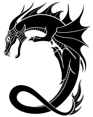 Winged Dragon spewing flame - vector silhouette picture for logo or pictogram. Fantasy dragon curved in the shape of the letter "C" - a sign or symbol.のイラスト素材