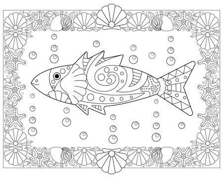Antistress coloring book with fish and shells frame - vector linear picture for coloring. outline. Coloring book with sea animal, fisのイラスト素材