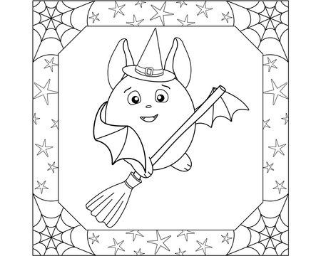 A cute bat in a witch's hat on a broom in a square frame with cobwebs and stars - a vector linear picture for coloring. outline. Halloween coloring book for kids with a funny bat.のイラスト素材