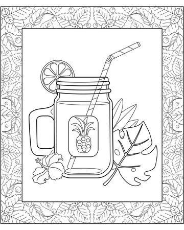 Mug with summer cocktail with lime and pineapple and tropical leaves - vector linear picture in a coloring frame. outline. Mug and drinking straw. Summer cocktail for coloringのイラスト素材
