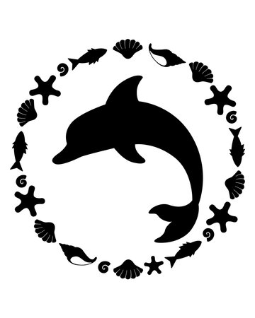 Dolphin silhouette of a sea animal in a round frame - vector template for printing or cutting. Bottlenose dolphin mammal animal composition on a marine themeのイラスト素材