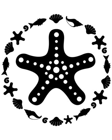 Starfish silhouette of a sea animal in a round frame - vector template for printing or cutting. Starfish animal composition on a marine themeのイラスト素材
