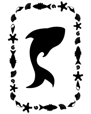 Fish silhouette of a sea animal in a rectangular frame - vector template for printing or cutting. Fish and animal composition on a marine themeのイラスト素材