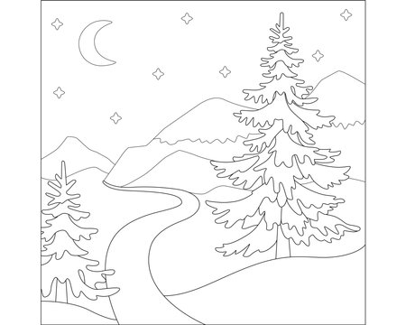 Winter mountain landscape with spruce trees in snowdrifts. Moonlit night in snowy mountains - vector linear picture for coloring. Outline. Square coloring book with trees and mountのイラスト素材