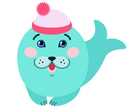Little cute seal in a cap - vector full color picture. A simple children's drawing of a funny baby seal. Aquatic animal for childrenのイラスト素材