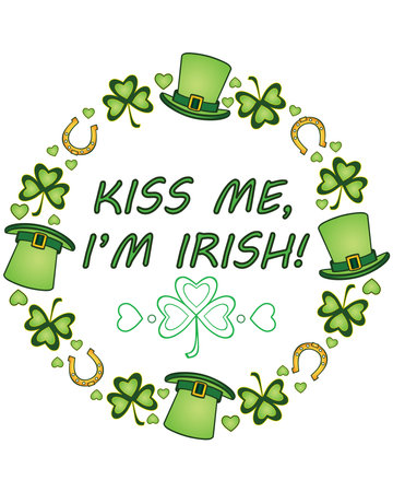 Kiss me, I'm Irish color print for St. Patrick's Day - vector illustration. Composition of Horseshoes, leprechaun hats, shamrocks and hearts. Green Irish print.のイラスト素材
