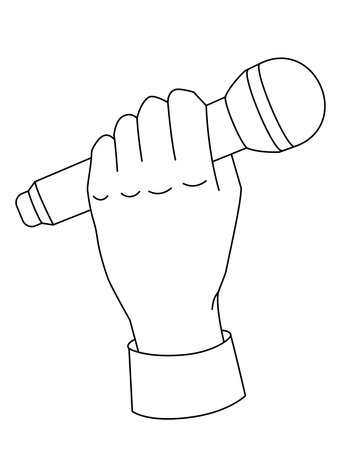 Microphone in hand. A hand with a shirt cuff holding a microphone - vector linear image for coloring. Outline. Hand holding a microphone.のイラスト素材