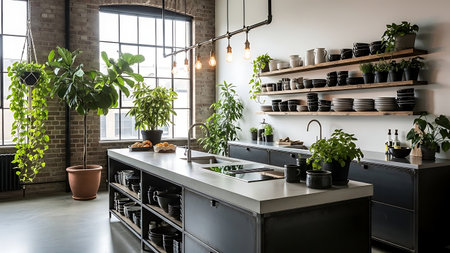 An expansive industrial-style kitchen features a large central island with a concrete countertop, sink, and stovetop. Open shelving displays a collection of ceramic dishes and bowls. Lush green plants, including a large fiddle leaf fig, hang from the ceiling and are placed on the counter, adding a touch of nature to the brick-walled space with large windows.の写真素材