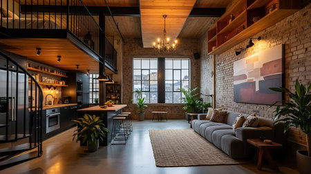 A spacious industrial loft apartment featuring exposed brick walls, a wooden beamed ceiling, and a black spiral staircase leading to a mezzanine level. The open-plan space includes a modern kitchen with dark cabinetry and a large island with bar stools, a comfortable living area with a grey sectional sofa and a textured rug, and large windows allowing ample natural light. Decorative plants and artwork add warmth and character to the urban dwelling.の写真素材