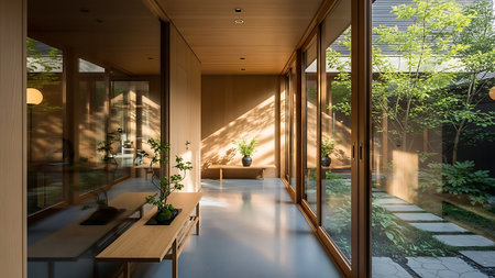 A serene Japanese-style hallway is characterized by its abundant use of natural wood and clean lines. Large glass doors offer views of a tranquil garden, blurring the lines between indoor and outdoor spaces. Sunlight streams through, creating patterns of light and shadow on the polished floor and wooden surfaces.の写真素材