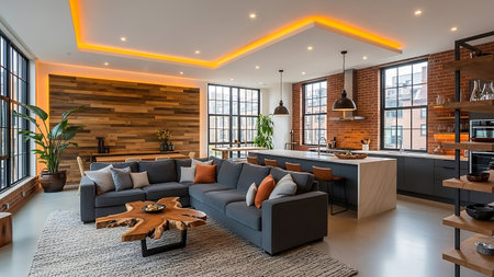 A spacious industrial loft living room with a large grey sectional sofa and a unique wooden slab coffee table. An accent wall of horizontal wood planks contrasts with exposed brick. An open-plan kitchen with a marble-topped island and bar stools is visible, along with large windows and warm ambient lighting.の写真素材