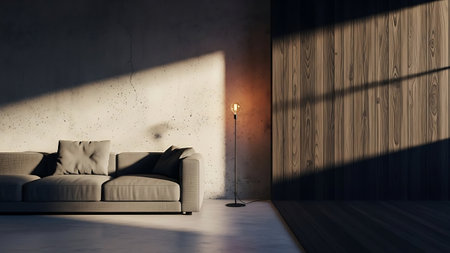 A minimalist living room is illuminated by dramatic sunlight casting strong shadows across the space. A neutral-colored sofa with two pillows sits on a concrete floor. To the right, a wall is covered in dark wood paneling, and a floor lamp with a single exposed bulb stands nearby. The sunlight streams in from an unseen window, creating a stark contrast between light and shadow on the textured concrete wall and the wood-paneled wall.の写真素材