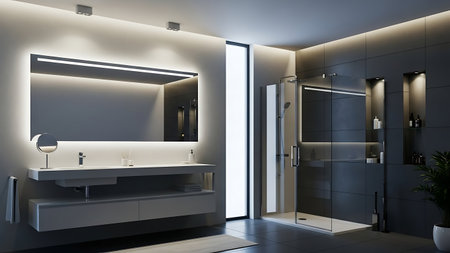 A sophisticated modern bathroom showcases a long, floating vanity with a sleek sink and a large, illuminated mirror. A walk-in shower with glass doors and dark grey tiles is visible on the right. Integrated LED lighting creates a warm, ambient glow throughout the space. A small plant adds a touch of greenery. The overall aesthetic is minimalist and elegant.の写真素材