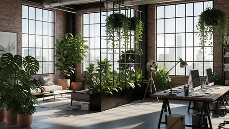 An industrial loft office space features exposed brick walls, concrete floors, and large multi-pane windows offering city views. Abundant indoor plants, including large potted trees and a central vertical garden, bring life to the area. A large wooden desk with computers and a comfortable seating area create a functional and inviting workspace.の写真素材