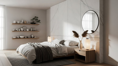 A minimalist bedroom with a large marble-patterned wall behind the bed. The bed is dressed in crisp white linens and a grey throw blanket. Wooden shelves on the left display ceramic dishes and a bonsai tree. A round black-framed mirror hangs on the marble wall. Japanese-style paper lanterns provide soft lighting.の写真素材