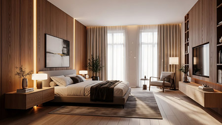 A luxurious modern bedroom is defined by warm wood paneling on the walls, accented by vertical lighting. A large bed with crisp white linens is the focal point, flanked by wooden nightstands with lamps. Sheer curtains cover large windows, allowing soft natural light to filter in, creating a serene and elegant atmosphere.の写真素材