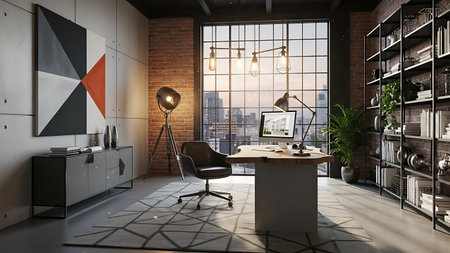 An industrial loft office features a large desk with a computer and lamp, facing a window with a city view. An ergonomic chair sits at the desk. Exposed brick and concrete walls, a metal bookshelf filled with books and decor, and a large abstract artwork contribute to the loft aesthetic. Industrial-style pendant lights hang from the ceiling.の写真素材