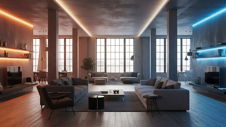 A spacious industrial loft living room features exposed concrete ceilings and large windows. Multiple seating areas with sofas and armchairs are arranged around coffee tables. Shelving units display decor and televisions. The space is dramatically lit with colored LED strip lighting along the ceiling edges, casting orange and blue hues.の写真素材