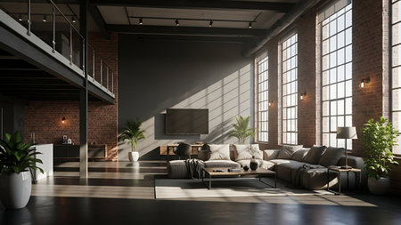 A spacious industrial loft living room with exposed brick walls and large, multi-paned windows that cast dramatic shadows. A large sectional sofa is arranged around a coffee table on a rug. A television is mounted on a dark wall. Potted plants add greenery to the space, which also features a mezzanine level with a steel railing.の写真素材