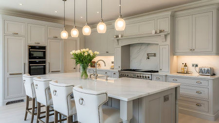 A bright and spacious luxury kitchen showcases a large central island with a marble countertop, complemented by elegant white bar stools. Light gray custom cabinetry lines the walls, housing modern appliances including double ovens and a professional-style range. Multiple pendant lights hang above the island, casting a warm glow. A vase of fresh white tulips adds a touch of natural beauty to the sophisticated space.の写真素材