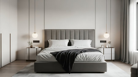 A minimalist bedroom features a grey upholstered platform bed with white bedding and a dark grey throw blanket. Two modern pendant lights hang on either side of the bed, illuminating matching white bedside tables. The walls are a soft, neutral tone, and a large window with sheer curtains is visible on the right.の写真素材