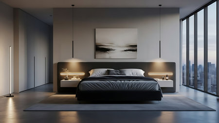 A luxurious and minimalist modern bedroom featuring a king-size bed with dark bedding. Two sleek bedside tables with integrated lighting flank the bed. Above the headboard hangs a piece of abstract art. Large floor-to-ceiling windows offer a stunning panoramic view of a city skyline at dusk or night. A tall, thin floor lamp stands in the corner, and a large grey rug covers the floor.の写真素材