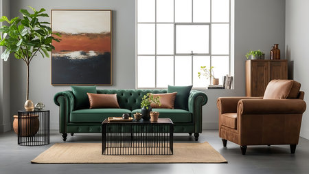 A stylish living room with a deep green tufted Chesterfield sofa and a rich brown leather armchair. A dark wood coffee table sits on a woven rug in front of the sofa. A large abstract painting hangs on the wall above the sofa, and a tall fiddle leaf fig plant is placed in a pot to the left. A wooden cabinet and a window with natural light are visible in the background.の写真素材